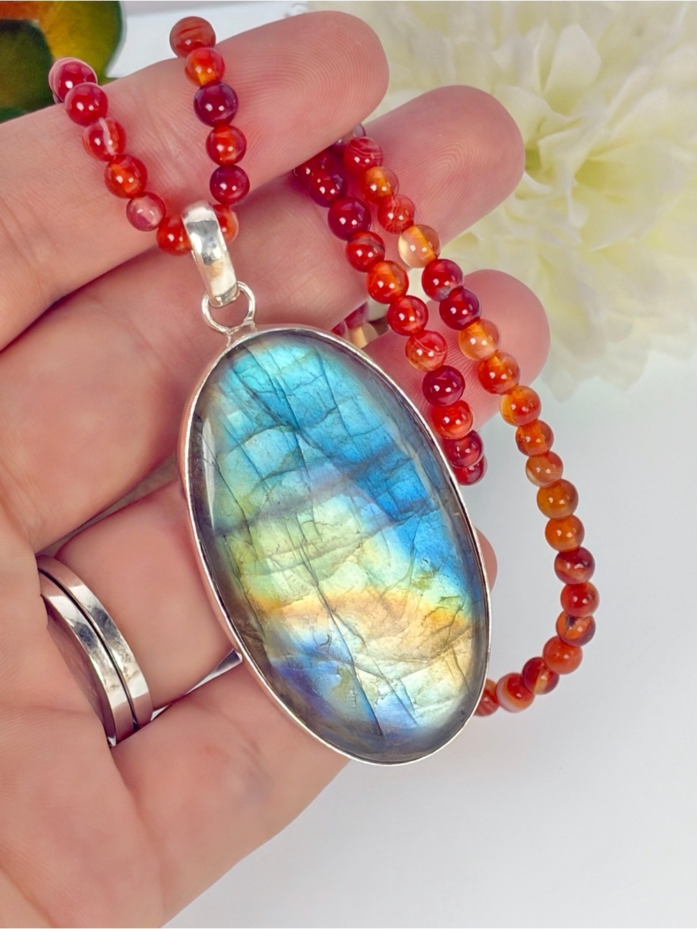 Pure Sterling Silver 925 Large Flash Labradorite Pendant Carnelian Necklace New